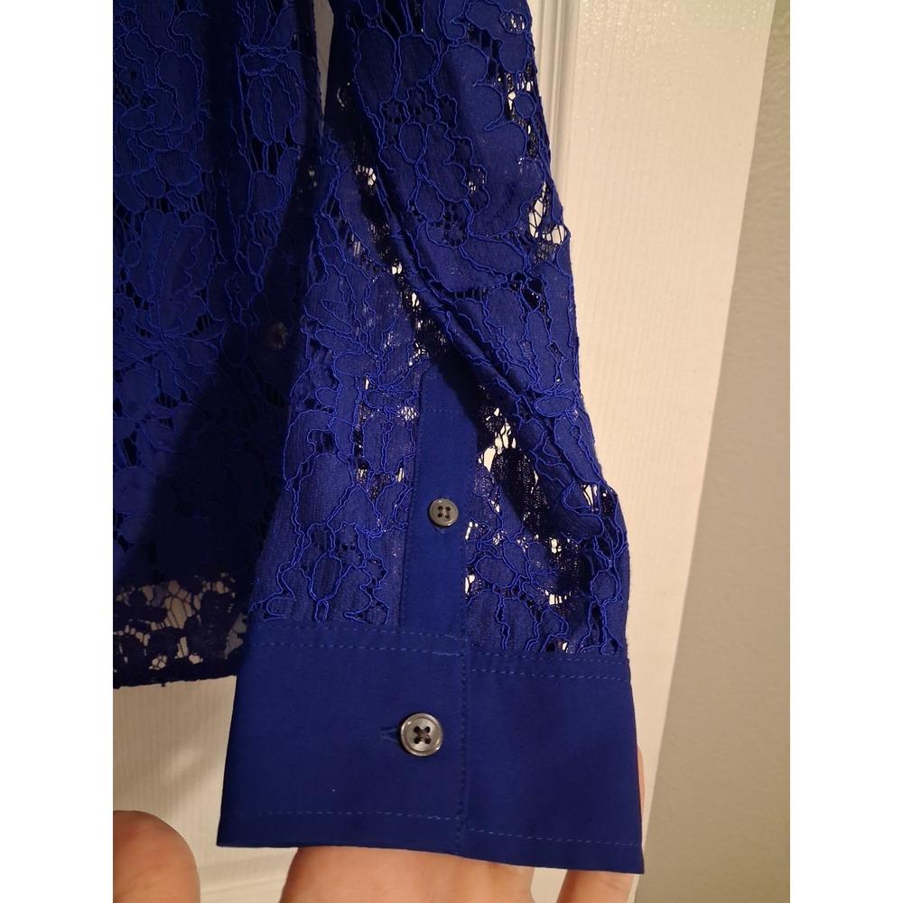 Banana Republic M Cobalt Blue Floral Lace Button Down Blouse Military Sheer - Picture 5 of 12
